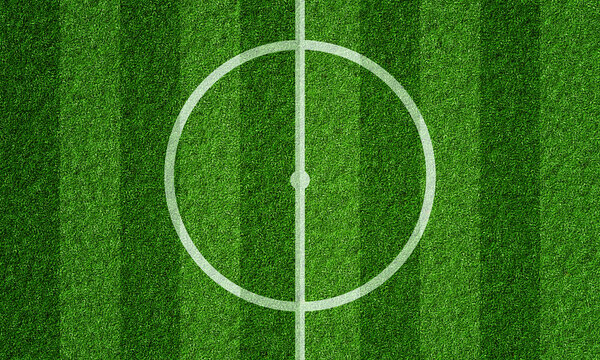 Soccer field in football stadium with line grass pattern and centerline circle. Sports background and athletic wallpaper concept. 3D illustration rendering