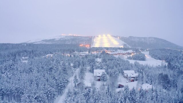Police incident accident crash on road drone aerial flyover, Levi, Finland village snowy neighborhood