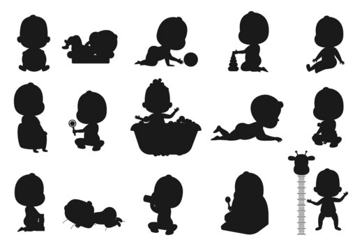 Adorable happy baby and his daily routine Silhouettes Premium vector template 