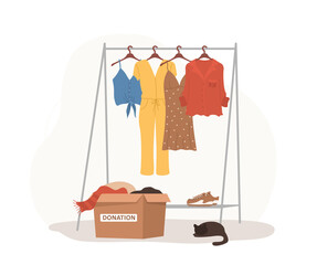 Clothes donation. Cardboard box in wardrobe with old clothes ready to be shared or recycled. Volunteering and social care. International charity day. Vector illustration in cartoon style.