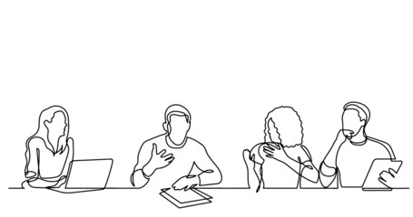 continuous line drawing of office workers at business meeting