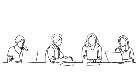 continuous line drawing of office workers at business meeting