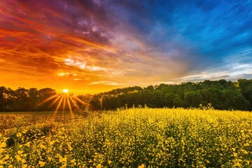 Wiosenne żółte pola rzepaku o wiosennym poranku i wschodzie słońca