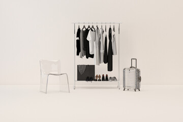 Clothes on a hanger,chair and luggage in black and white background. Collection of clothes hanging on rack with pastel colors. 3d rendering, concept for shopping store and bedroom
