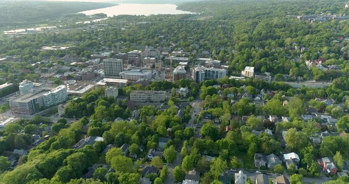 Spring evening aerial view of the City of Ithaca, Tompkins County, New York 
