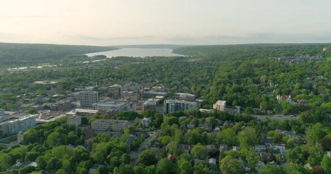 Spring evening aerial view of the City of Ithaca, Tompkins County, New York 
