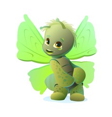 Green Butterfly fun shy timid. Cute cartoon character. Funny insect object. Moth fly. Isolated on white background. Vector