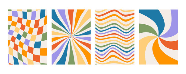Set of retro groovy prints with rainbow colors. Checkered background with distorted squares. Abstract poster with distortion. 70s geometric psychedelic placard. Minimalistic old-fashioned art design. - obrazy, fototapety, plakaty