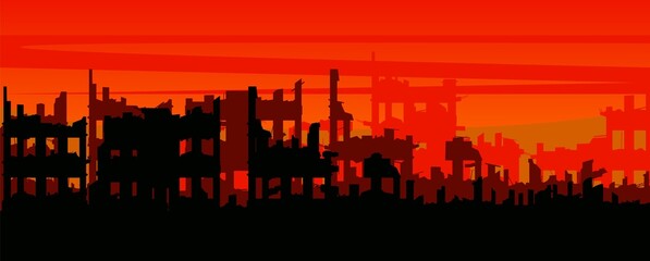 Burnt out town. Ruined city. Apocalypse natural or war. World in fire. Sad landscape of destruction. Vector