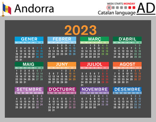 Catalan horizontal pocket calendar for 2023. Week starts Monday