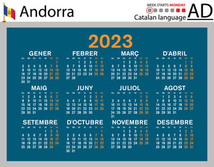 Catalan horizontal pocket calendar for 2023. Week starts Monday