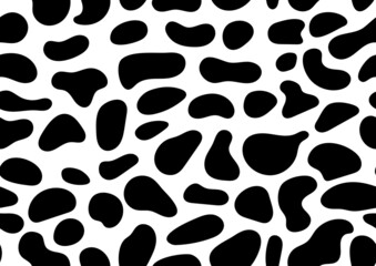 Dalmatian or cow seamless pattern animal spot print on white skin. Absract design shapes dog or cow black stains on white background for wallpaper fibres and textile. Simple endless leather backdrop.