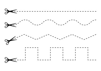 Scrissors cut dotted line zig zag and wavy shap icon set. Guide lines for kids shear cutting practice page. Simple silhouette cut here graphic design element collection. Vector flat illustation.