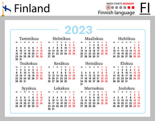 Finnish horizontal pocket calendar for 2023. Week starts Monday