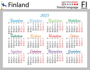 Finnish horizontal pocket calendar for 2023. Week starts Monday