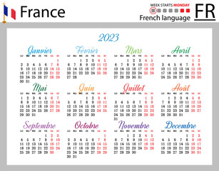 French horizontal pocket calendar for 2023. Week starts Monday