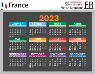 French horizontal pocket calendar for 2023. Week starts Monday