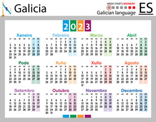 Galician horizontal pocket calendar for 2023. Week starts Monday