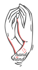 Vector logo of two hands and a heart in a minimal linear style. Love concept with hand in hand caption. Isolated design template for emblem, symbol, tattoo.