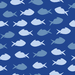 Seamless Pattern with Blue Fish Silhouettes.