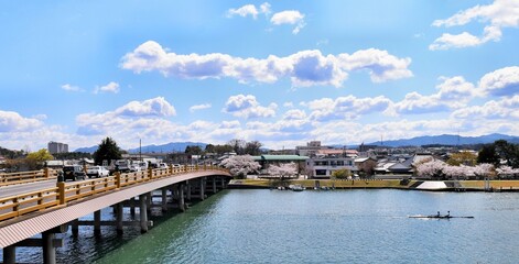 Obraz premium 春の瀬田の唐橋と瀬田川、滋賀県大津市、日本