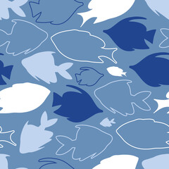 Seamless Pattern with White and Blue Fish Silhouettes.