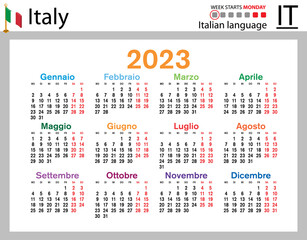 Italian horizontal pocket calendar for 2023. Week starts Monday