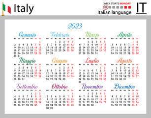Italian horizontal pocket calendar for 2023. Week starts Monday