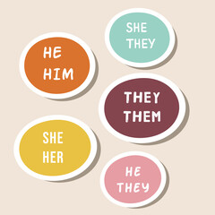 Gender Definition Pronouns speech bubbles: he, him, she, her, they, them. Shy Enby’s Guide for Cis Trans People. Vector illustration for banner, poster, sticker, t-shirt, website page advertisement.