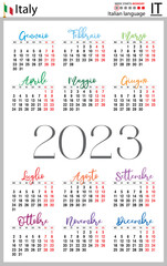 Italian vertical pocket calendar for 2023. Week starts Monday