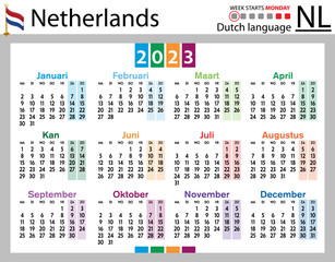 Dutch horizontal pocket calendar for 2023. Week starts Monday
