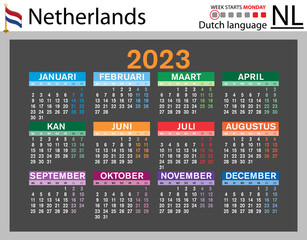 Dutch horizontal pocket calendar for 2023. Week starts Monday