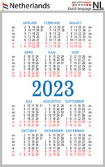 Dutch vertical pocket calendar for 2023. Week starts Monday