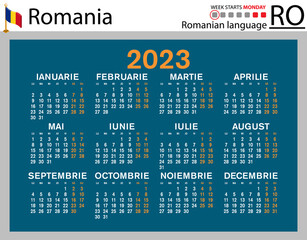 Romanian horizontal pocket calendar for 2023. Week starts Monday