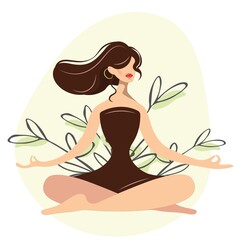 Obraz na płótnie Canvas Stylish woman sits in a lotus position on the background of plants. A bright brunette is doing yoga in nature. Nice girl is meditating. Exercise and rest, reboot, energy recovery. Flat vector yoga day