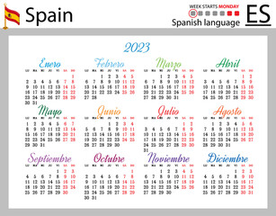 Spanish horizontal pocket calendar for 2023. Week starts Monday