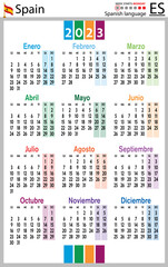 Spanish vertical pocket calendar for 2023. Week starts Monday