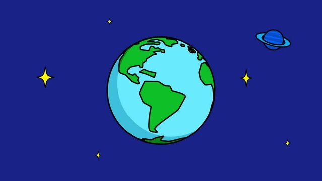 宇宙に浮かぶ地球　ループ２Dアニメーション　ロケット付き