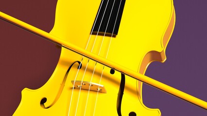 Yellow-Gold classic violin on purple-deep red plane under spot lighting background. 3D sketch design and illustration. 3D high quality rendering.