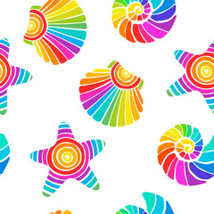 Print. Bright vector pattern with marine life. Seamless background with seashells and starfish. Rainbow colors. Summer bright background. Fabric, paper.