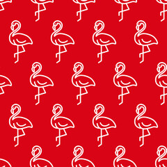 Obraz premium White outline flamingo seamless pattern with red background.
