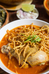 Khao soi gai. Thai coconut milk curry noodles- Northeast Food of Thailand