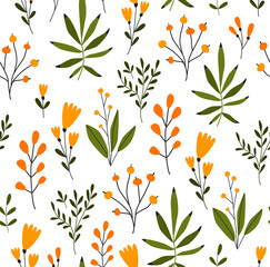Fototapeta na wymiar Print. Seamless botanical background of delicate wildflowers. Field plants, berries. Floral pattern. Fabric, paper. Wallpaper.