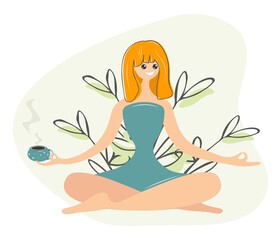 Obraz na płótnie Canvas Young woman in the lotus position on the background of plants. A bright blonde is doing yoga in nature. Cute girl is meditating with a cup of coffee. Sports, recreation, recovery. Flat vector yoga day