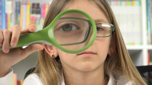 Child Playing with Magnifier Glass, Kid Make Faces at School, Funny Girl Eyes in Eyeglasses, Happy Children Education