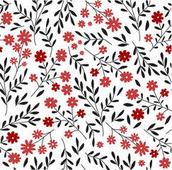 Print. Seamless botanical background of delicate red wildflowers. Field plants. Vector floral pattern. You can print on fabric, paper. Wallpaper.