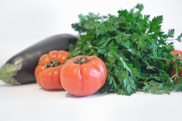 vegetables background, parsley, tomatoes, eggplant