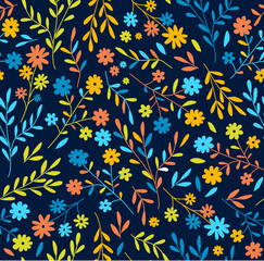 Print. Vector seamless background with bright small flowers. Wildflowers. Bright vector botanical pattern on a dark background. fabric, paper. Wallpaper.