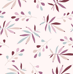Print. Vector seamless background with foliage and berries. Palm branches. Vector botanical pattern in pastel colors. fabric, paper, wallpaper.