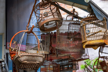 Traditional bamboo woven bird cages for sale in the market